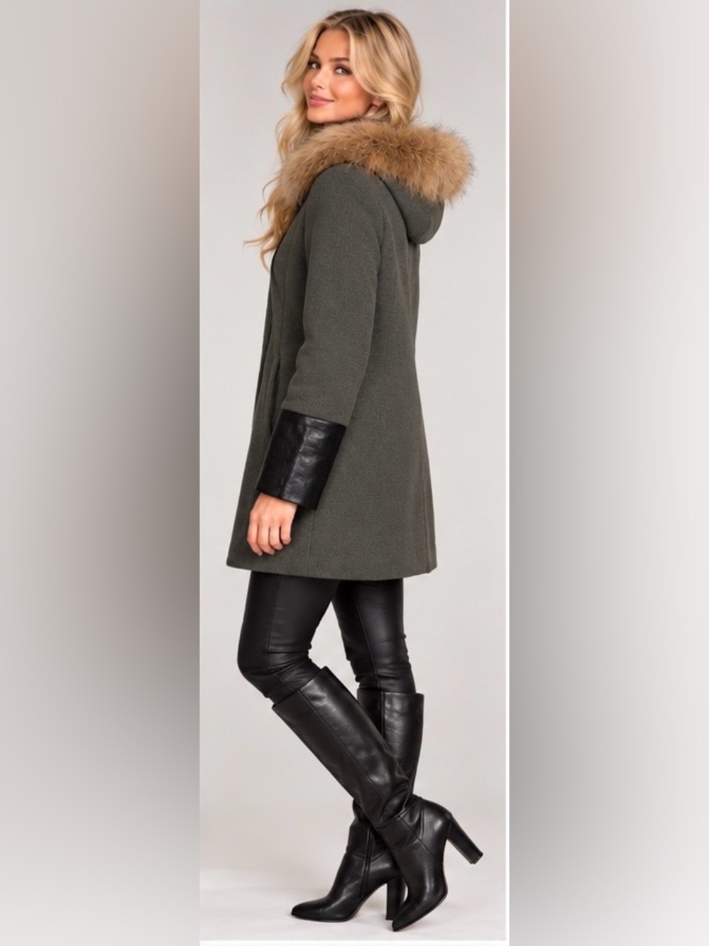 GOA Gray Wool Blend Hooded Coat w/ Black Faux Leather Cuffs & Faux Fur Trim, S
